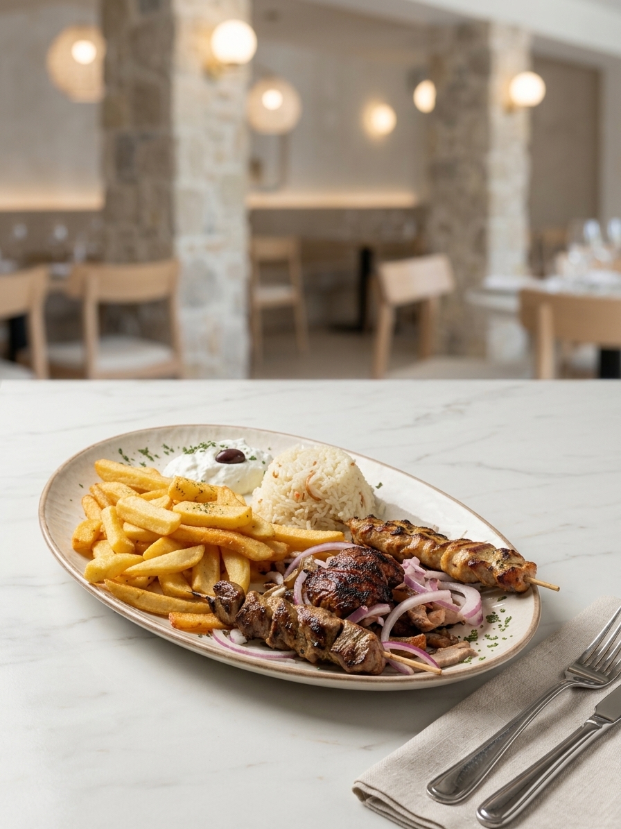 Grillplatte mit Souvlaki, Gyros, Reis und Pommes